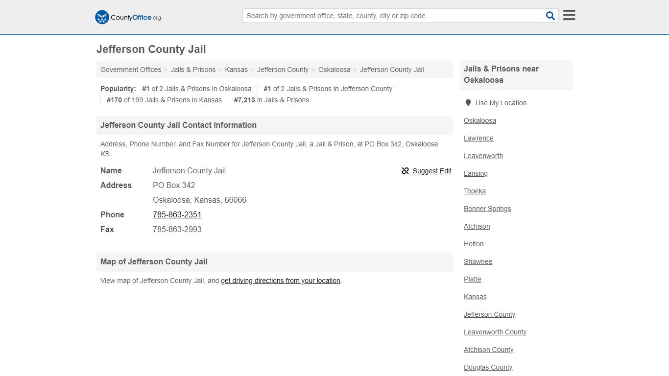 Jefferson County Jail - Oskaloosa, KS (Address, Phone, and Fax)